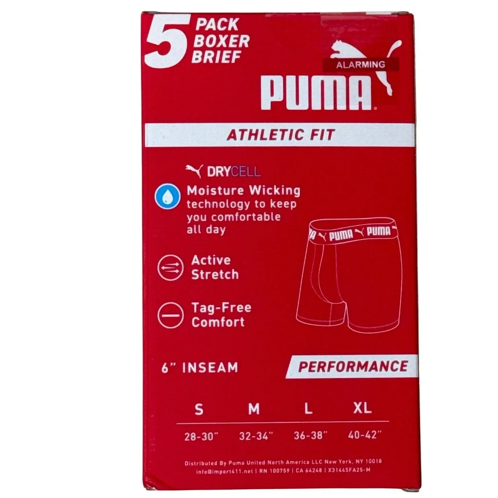 Puma‎ Mens 5 Pack Boxer Briefs Athletic Fit Moisture Wicking Size L
